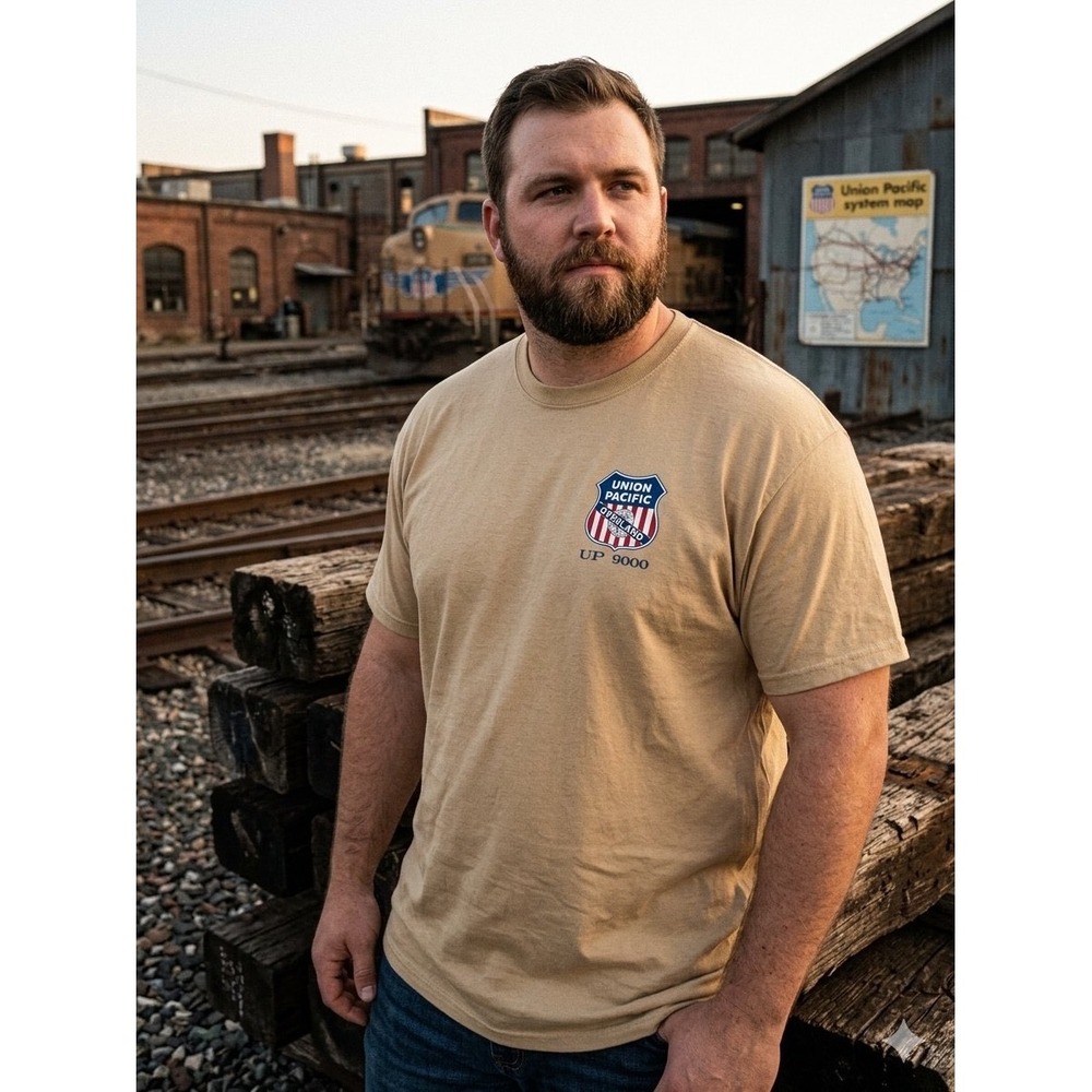 Union Pacific UP 9000 Rail Giants Train Museum Tan Graphic T-Shirt Mens 2XL